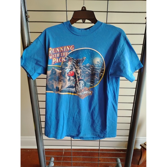 Harley-Davidson Other - Vintage‎ Harley Davidson Running With The Pack Wolf Eagle Blue T-Shirt Mens L